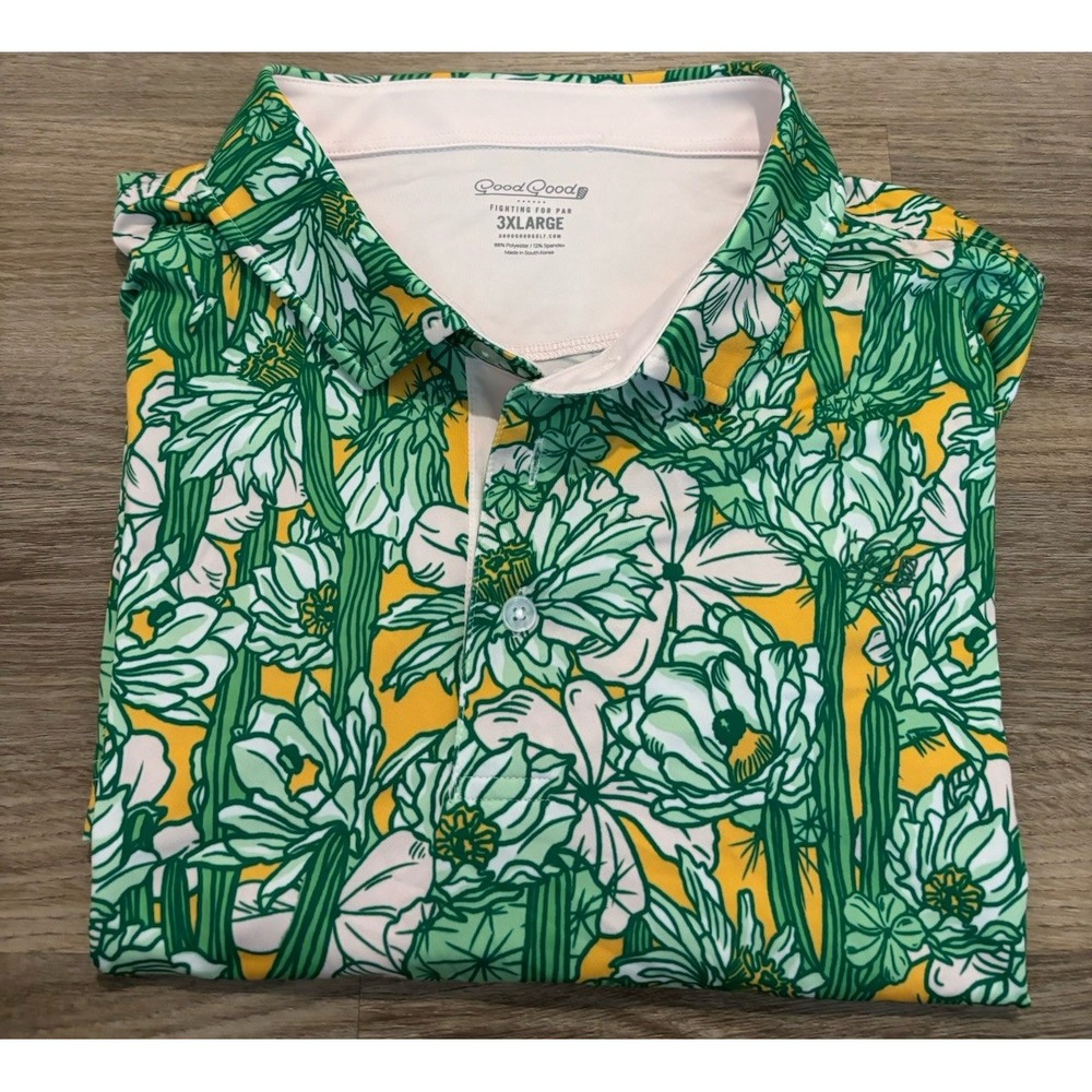 Good Good Golf Men's Polo Shirt Desert Bloom Pattern Floral Print 3XL Green